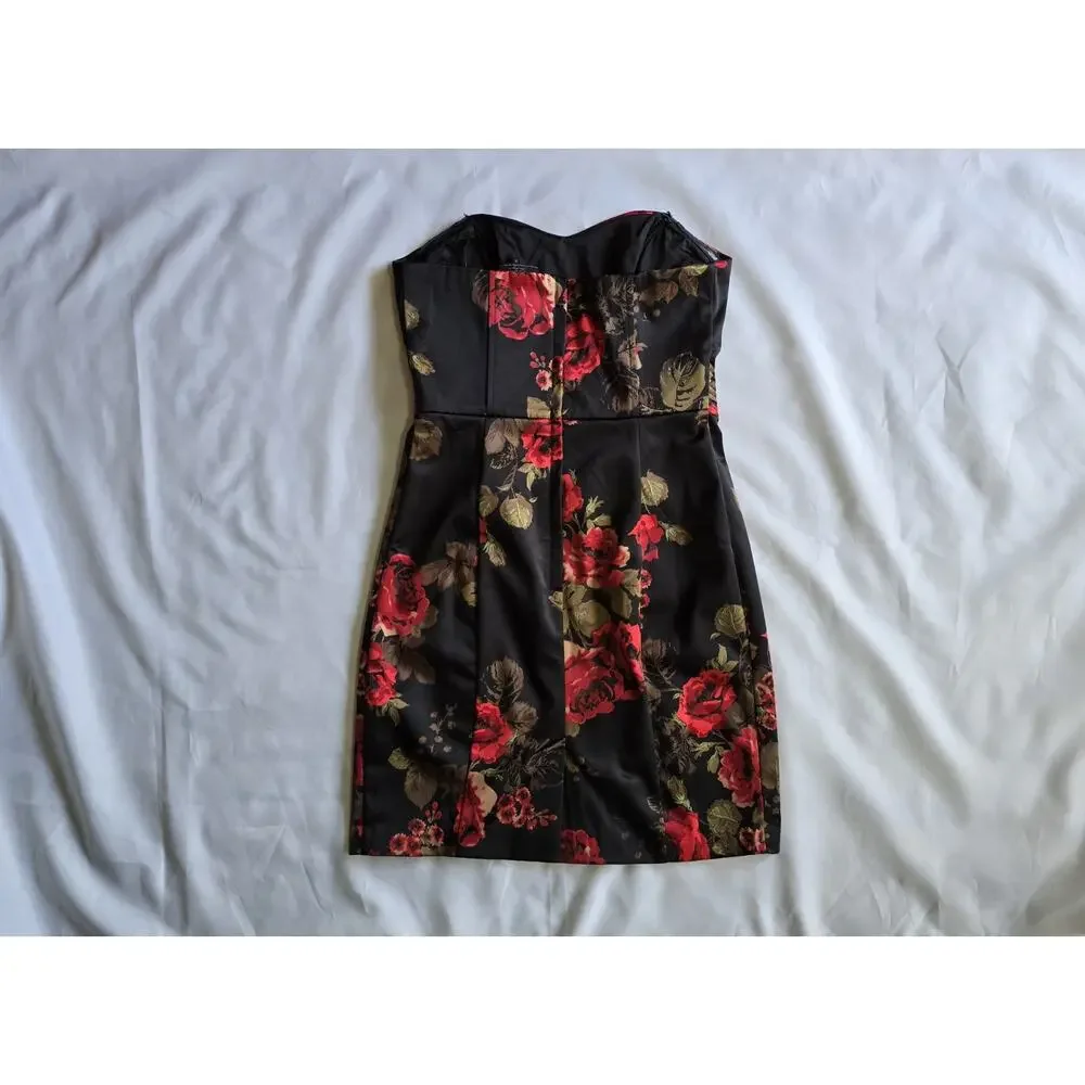 GUESS Floral Bodycon Dress Strapless Sweetheart Neck Black Red Brown Size 3 - Picture 2 of 7